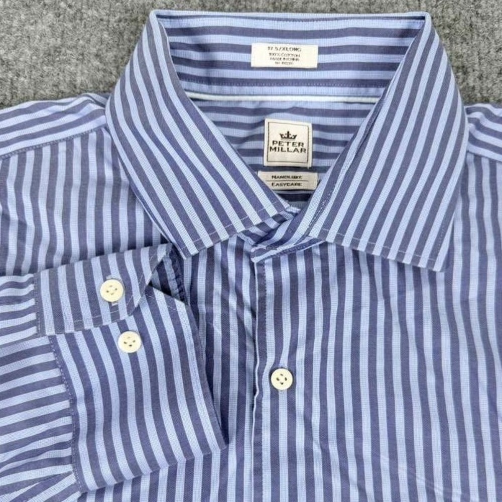 Peter Millar Nanoluxe‎ Mens Dress Shirt 17.5 XL Extra Long Striped Blue EUC